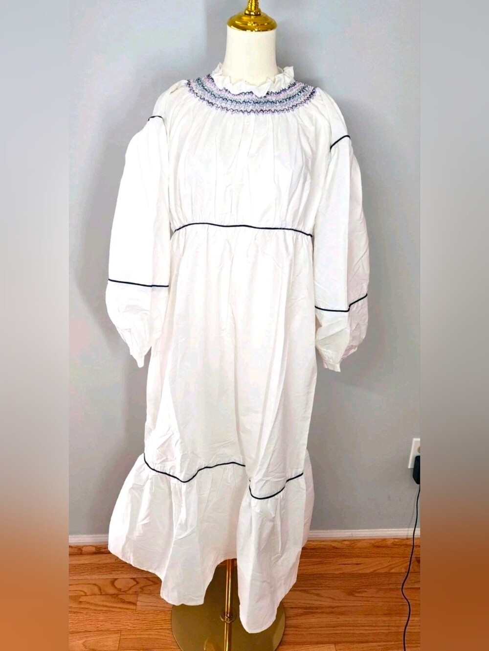 Something Navy Smocked Puff Sleeve Midi Dress White Solid Cotton Size XS